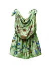 Versace Knotted Draped Printed Silk-twill Mini Dress In Green