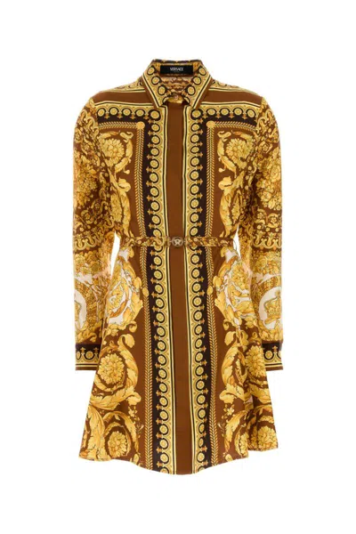 Versace Twill Shirt Dress Ornate Print In Yellow