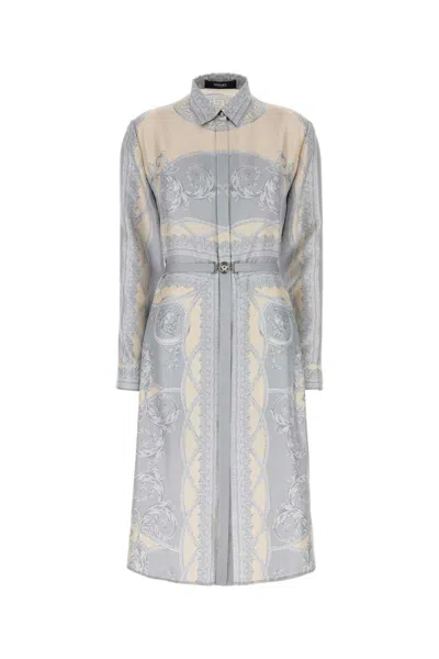Versace Printed Silk Shirt Dress In Blue