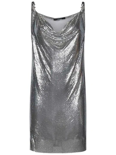 Versace Metallic Short Dress With Draped Neck In Grey