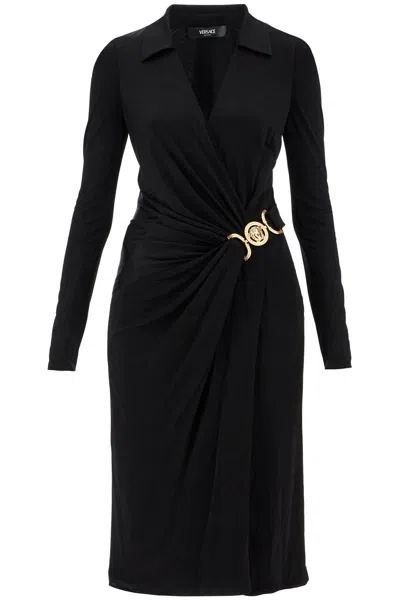 Versace Embellished Wrap-effect Satin-jersey Midi Dress In Black