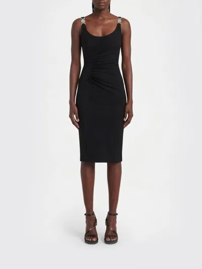 Versace Neutrals Ruched Scoop Neck Viscose Midi Dress In Black