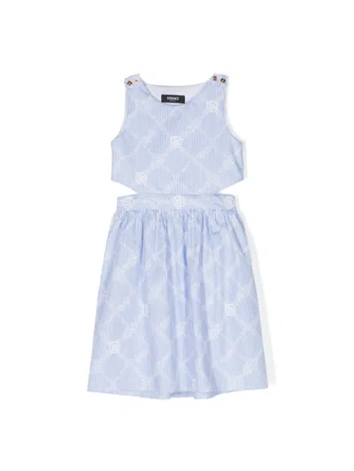 Versace Kids' Cotton Poplin Dress In White,light Blue