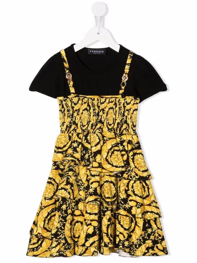 Versace Kids' Barocco Cotton-blend Dress In Nero+oro