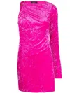 Versace Fuchsia One-shoulder Mini Dress With Greca Detail And Cut-out At The Back In Crushed Velvet Woman In Pink