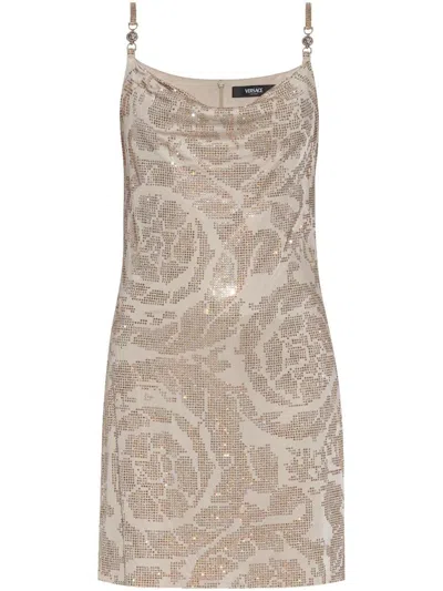 Versace Crystal Barocco Mini Dress In Beige