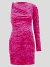 Versace Fuchsia One-shoulder Mini Dress With Greca Detail And Cut-out At The Back In Crushed Velvet Woman In Pink