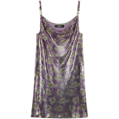 Versace Poppies Metal Mesh Mini Slip Dress In Purple