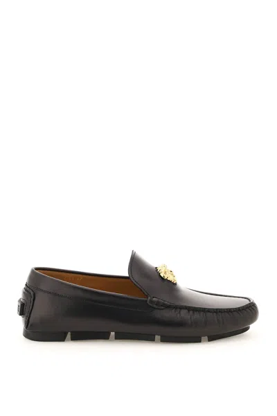 Versace Logo Plaque Leather Loafers In Black