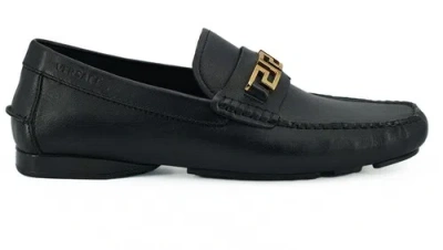 Pre-owned Versace Driver Men Black Loafers 100% Leather Embroidered Casual Slipper Shoes
