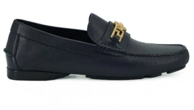 Pre-owned Versace Driver Men Navy Blue Loafers 100% Leather Medusa Logo Flat Slipper Shoes