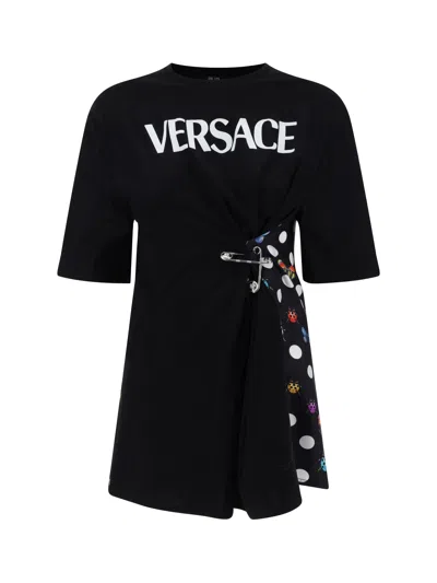 Versace Pin-tucked Jersey T-shirt With Silk Printed Back In Nero+multicolor