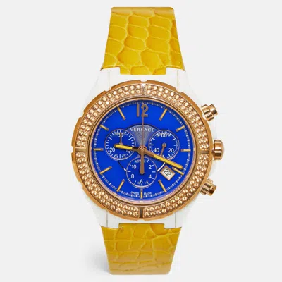 Pre-owned Versace Dv One 28c Blue Dial Ceramic Rose Gold Plated Stainless Steel Leather Unisex Wristwatch 42 Mm In Yellow