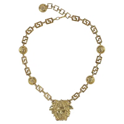 Pre-owned Versace Early 1990s Gianni  Gold Medusa Medallion Greek Key Chain Belt Necklace In Brown