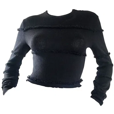 Pre-owned Versace Early Gianni  1980s Sexy Black Fringe 80s Vintage Cotton Sweater Crop Top