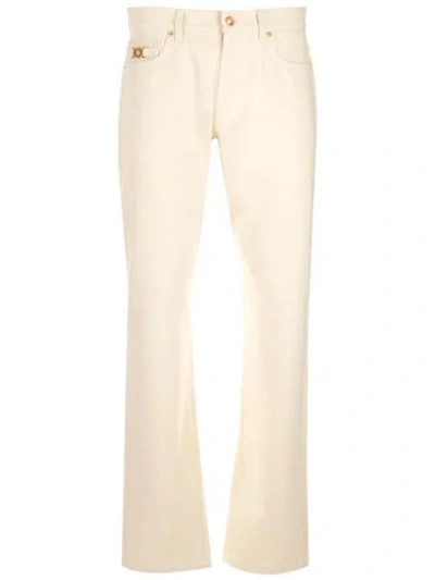 Versace Ecru Straight Leg Jeans With Gold-tone Details For Men In White