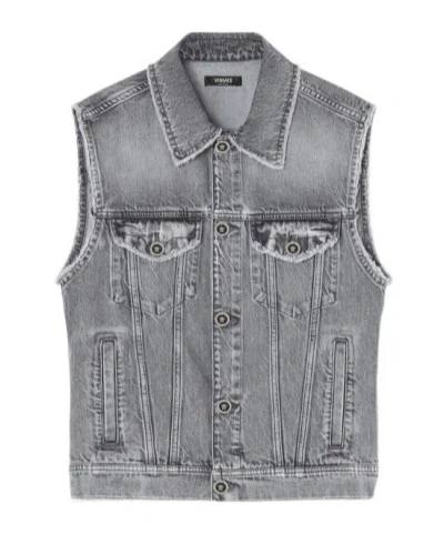 Versace Edge-edged Denim Vest In Grey