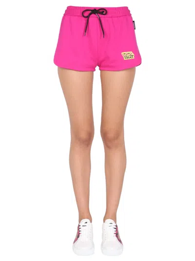 Versace Elastic Waist Mini Shorts With Greek Logo Patch In Pink
