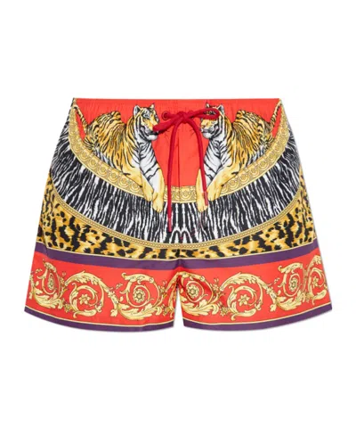 Versace Elastic Waist Swimming Trunks In Red