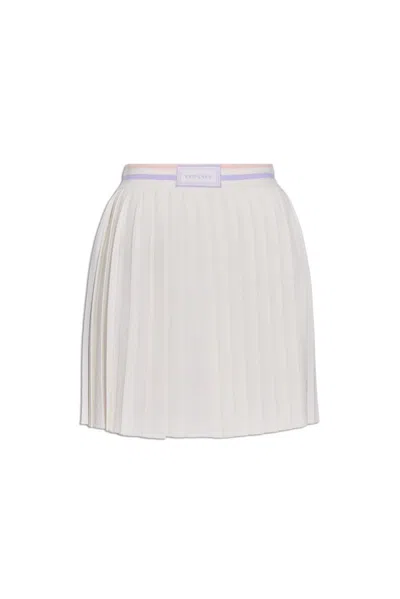 Versace Logo-waistband Pleated Miniskirt In Beige