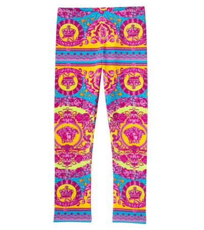 Versace Kids' Electric Barocco Cotton-blend Jersey Leggings In Multi