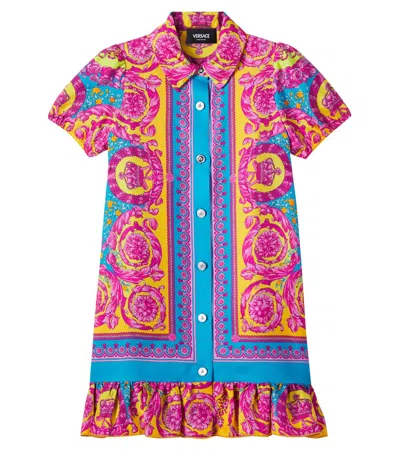 Versace Kids' Electric Barocco Silk Twill Shirt Dress In Blue