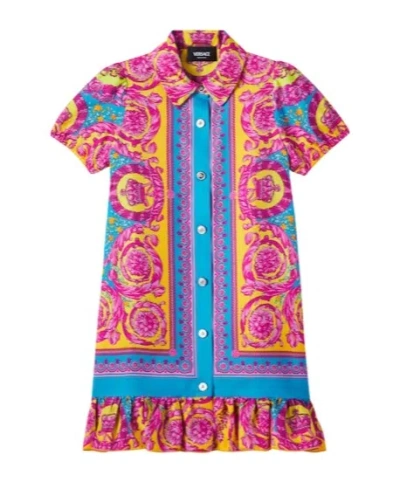 Versace Kids' Electric Barocco Silk Twill Shirt Dress In Pink