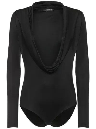 Versace Elegant Black Bodysuit With Long Sleeves Deep Neckline