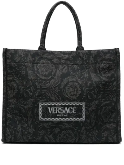 Versace Large Barocco Athena Jacquard Tote Bag In Black