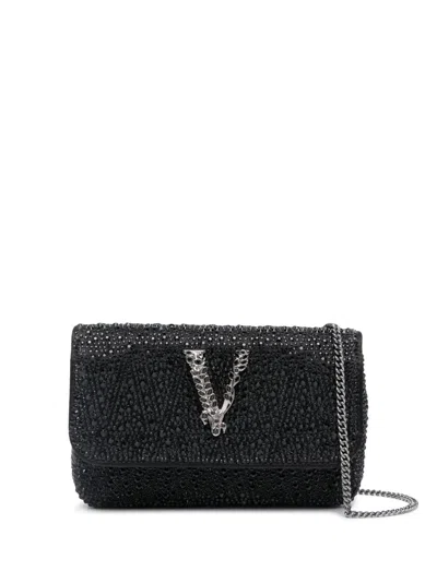Versace Elegant Black Satin Mini Handbag With Rhinestone Embellishments