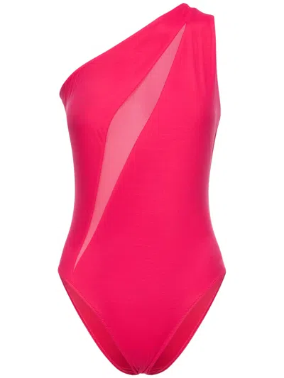 Versace Elegant Fuchsia One-piece Swimsuit With A Bare Shoulder In Pink
