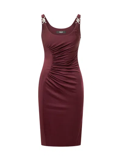 Versace Elegant Midi Dress With Draped Detailing In Burgundy
