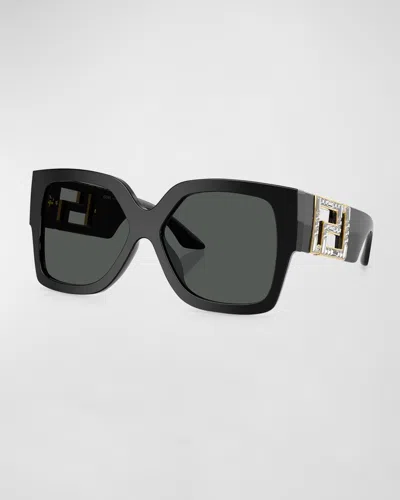 Versace Embellished Acetate Rectangle Sunglasses In Dark Grey