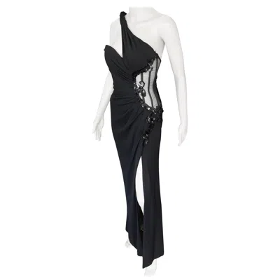 Pre-owned Versace Embellished Bustier Sheer One Shoulder Black Evening Dress Gown