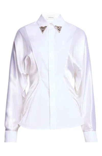 Versace Embellished Collar Cotton Poplin Button-up Shirt In White
