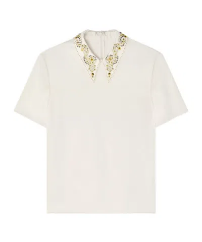 VERSACE EMBELLISHED-COLLAR SHORT-SLEEVE TOP
