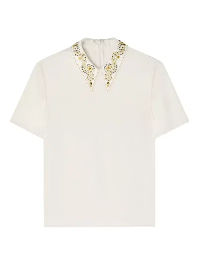 Versace Embellished-collar Short-sleeve Top In Neutral