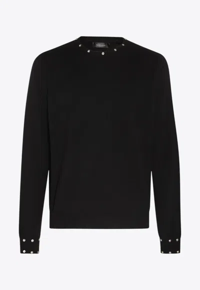 Versace Embellished Crewneck Knit Sweater In Black