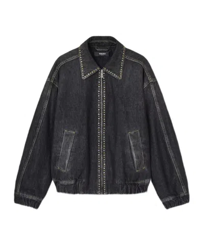 Versace Embellished Denim Blouson In Black