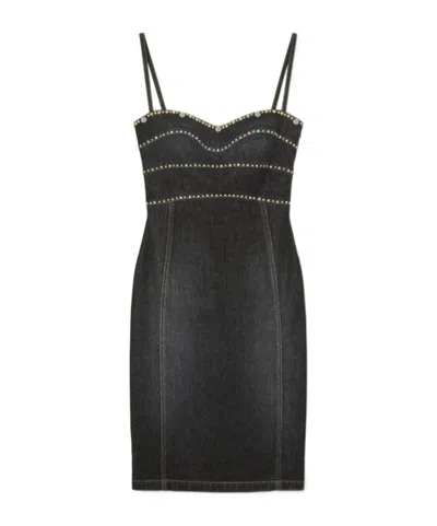 Versace Embellished Denim Fitted Midi Dress In Black
