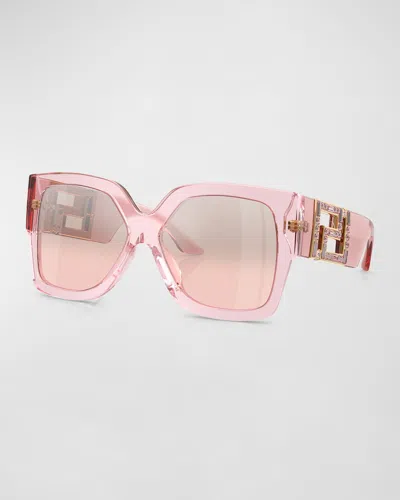 Versace Embellished Greca Acetate Rectangle Sunglasses In Trans Pink