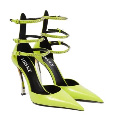 Versace Embellished Leather High Heels In Green