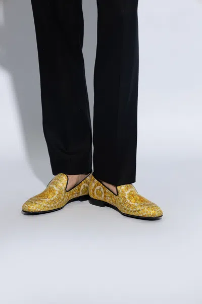 Versace Barocco-print Silk Loafers In Yellow