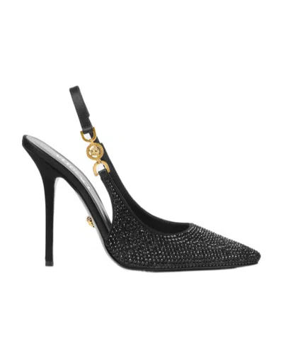 Versace Embellished Medusa 95 Square Toe Slingback Pumps In Black