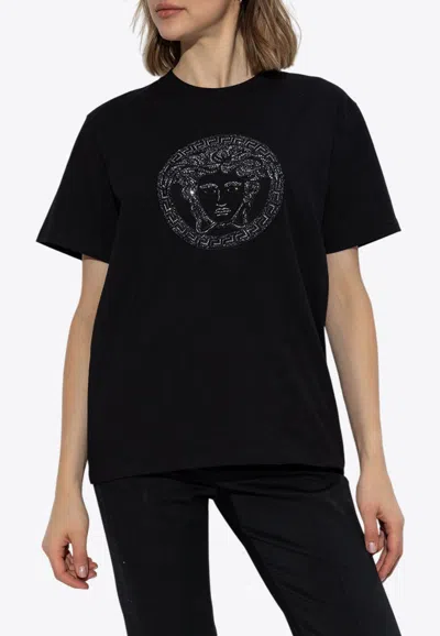 Versace Embellished Medusa Crewneck T-shirt In Black