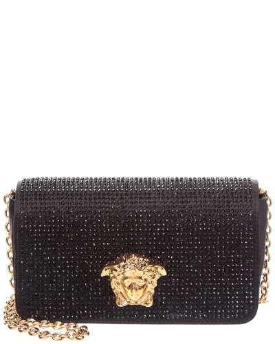 Versace Embellished Mini Satin Wallet On Chain In Black