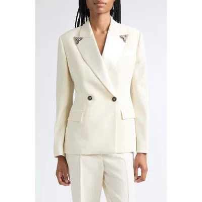 Versace Embellished Satin Trim Stretch Wool Evening Jacket In Neutral