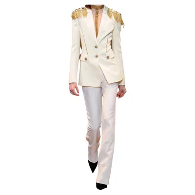 Pre-owned Versace Embellished Silk-crepe Pant Suit Size 42 - 6 Nwt In Sand