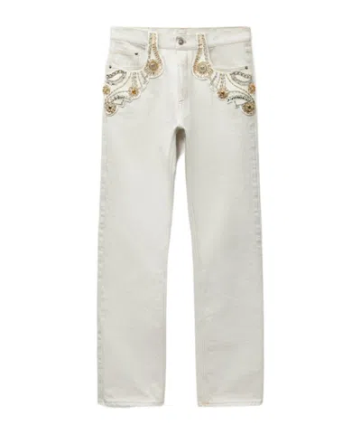 Versace Embellished Straight-leg Jeans In Gray