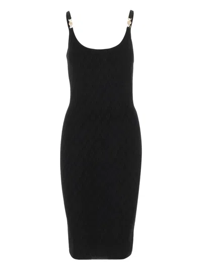 Versace Stretch V-textured Knit Dress With Medusa Brooch Detail In Black